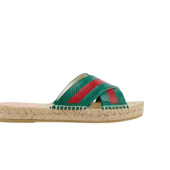 GUCCI Calfskin Perforated Web Espadrille Sandals Red Green New in Box w shoe bag - Picture 2 of 5